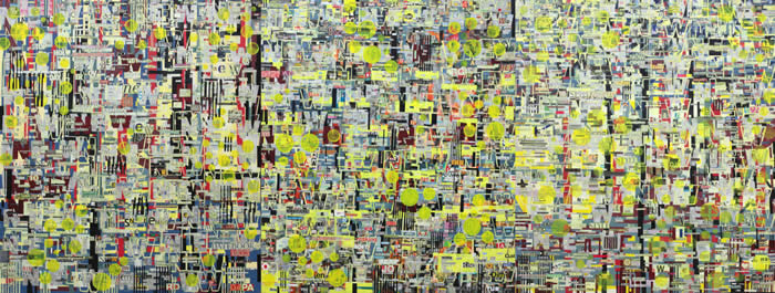 Choy Chun Wei - Instant City (2011) | Mixed media on canvas; 123cm x 324cm (3 panels)