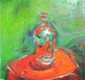 Fig. 2 Bottle on Red & Green Oil on canvas 30 x 30cm 2001 Private Collection