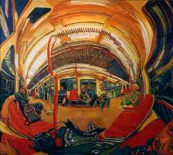 Detailed: This painting by Chin is titled ‘Red Train’. 