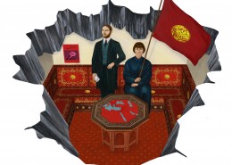 Ahmet Öğüt - History Otherwise: Ottoman Socialist Hilmi and Ottoman Women’s Rights Defender Nuriye (2019) | Anamorphic painting transferred on carpet; 6.3m x 3m; Ed. 1/5 + 2AP