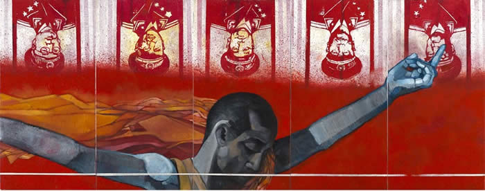 Anurendra Jegadeva - The Red Landscape (2007) Oil on canvas; 52cm x 26cm each (5 panels)
