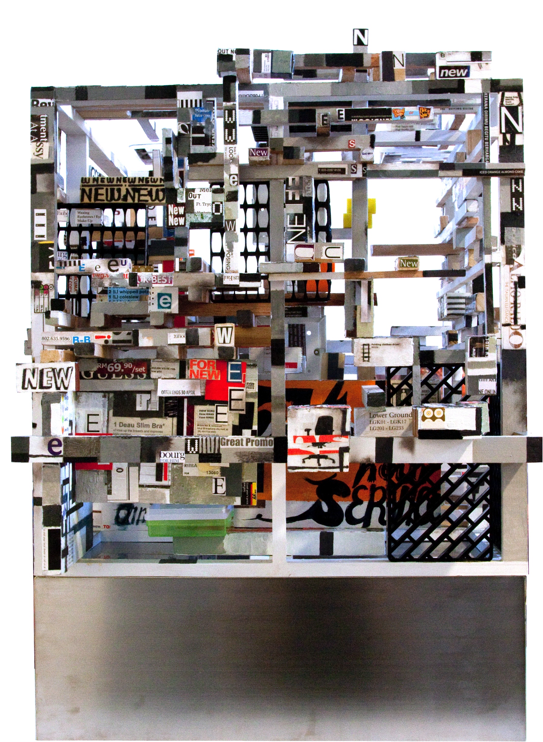 choy chun wei - shopping ghettos, acrylic medium, oil . collage on wood on stainless steel base, 53 x 47 x 48cm, 2010