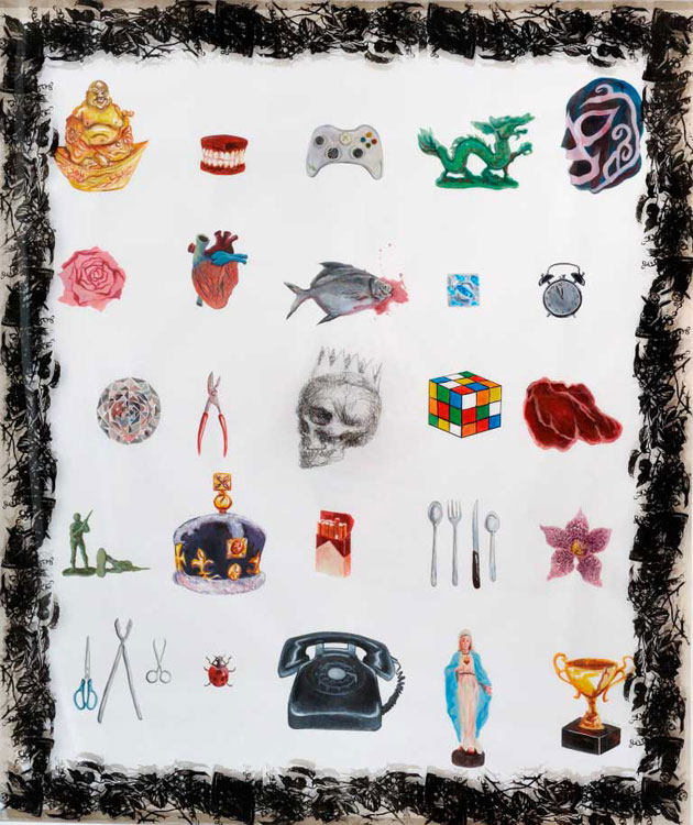 Justin Lim - Trophies (2011) | Acrylic and graphite on paper & screen print on perspex; 195cm x 165cm
