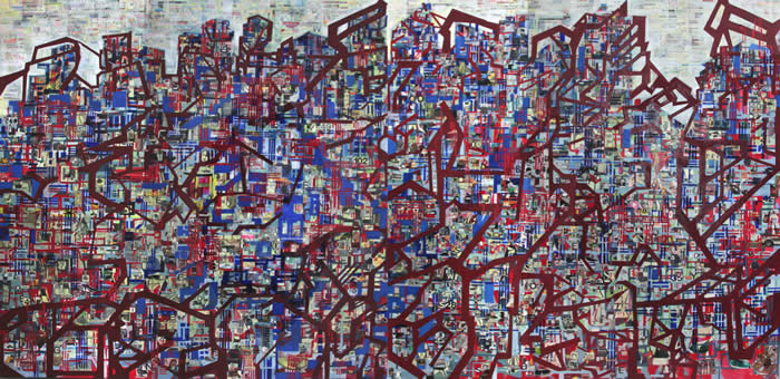 Choy Chun Wei - Runaway Slaves - City of Objects | Mixed media on canvas; 150cm x 300cm (2 panels)