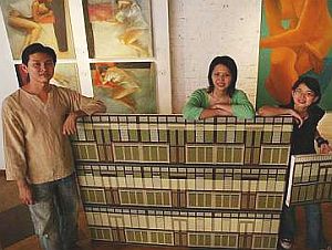 A:(From left): Cheong, Ng and Low with their contemporary works, such as the Wooden Houses (front), the No Sleep Series (background, left), and the Form (background, right).