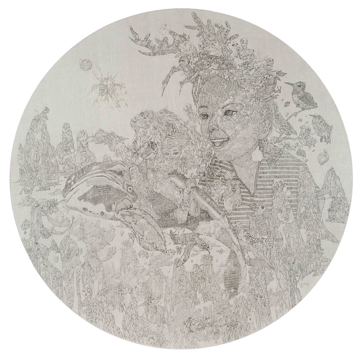 Cheong Kiet Cheng - Chasing Sun (2019), Ink on canvas,150cm diameter