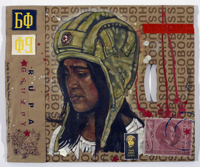 Anurendra Jegadeva - ALL I GOT FROM BERLIN… (2012) Oil on medium-sized Boss shopping-bag in acrylic box; 46cm x 40cm
