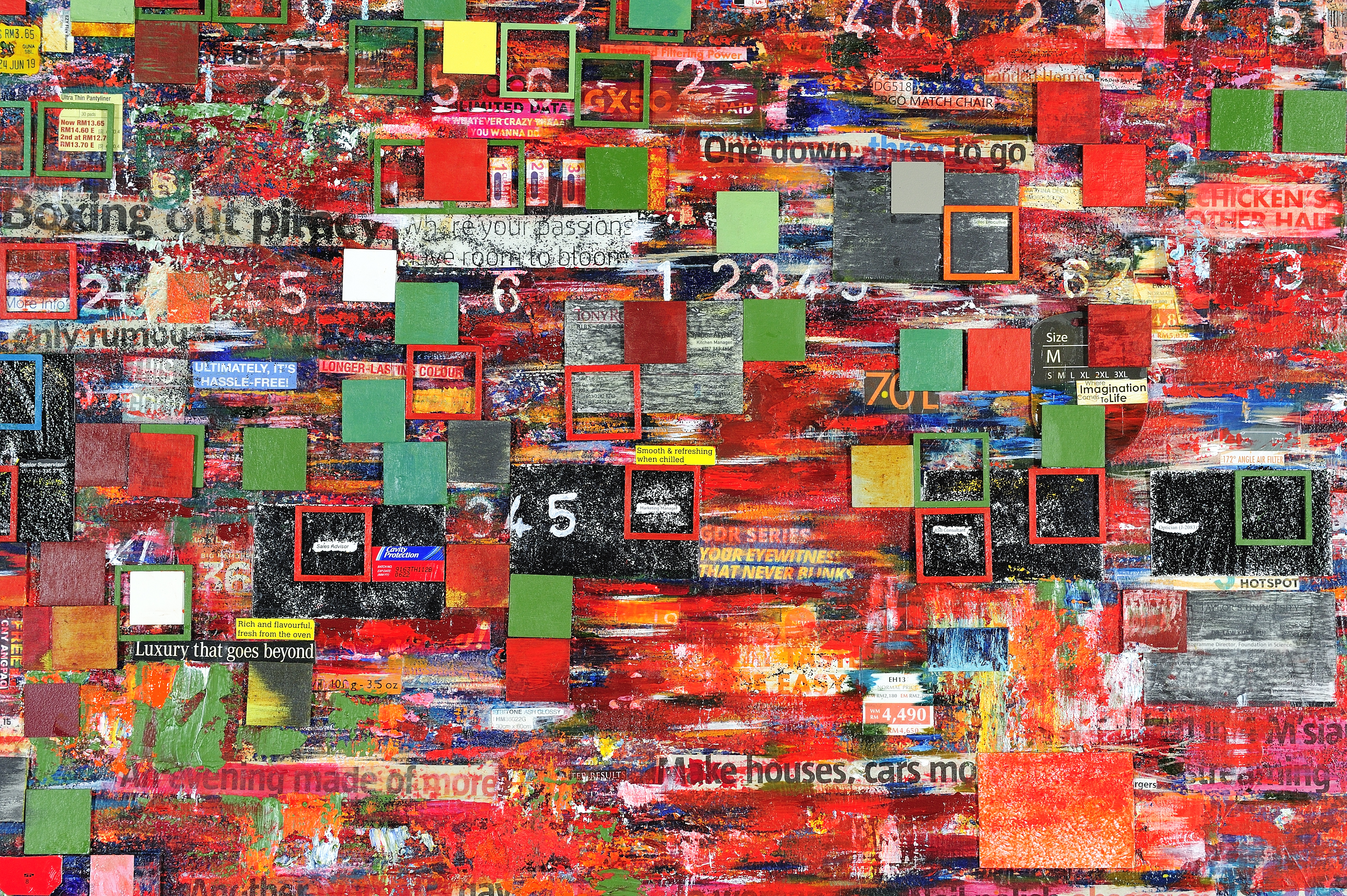 Choy Chun Wei - The Babel Builders Fleeting Persuaders (Close up) (2019) Acrylic, oil, sand and found material on canvas; 92.5cm x 305cm (Diptych) (2)