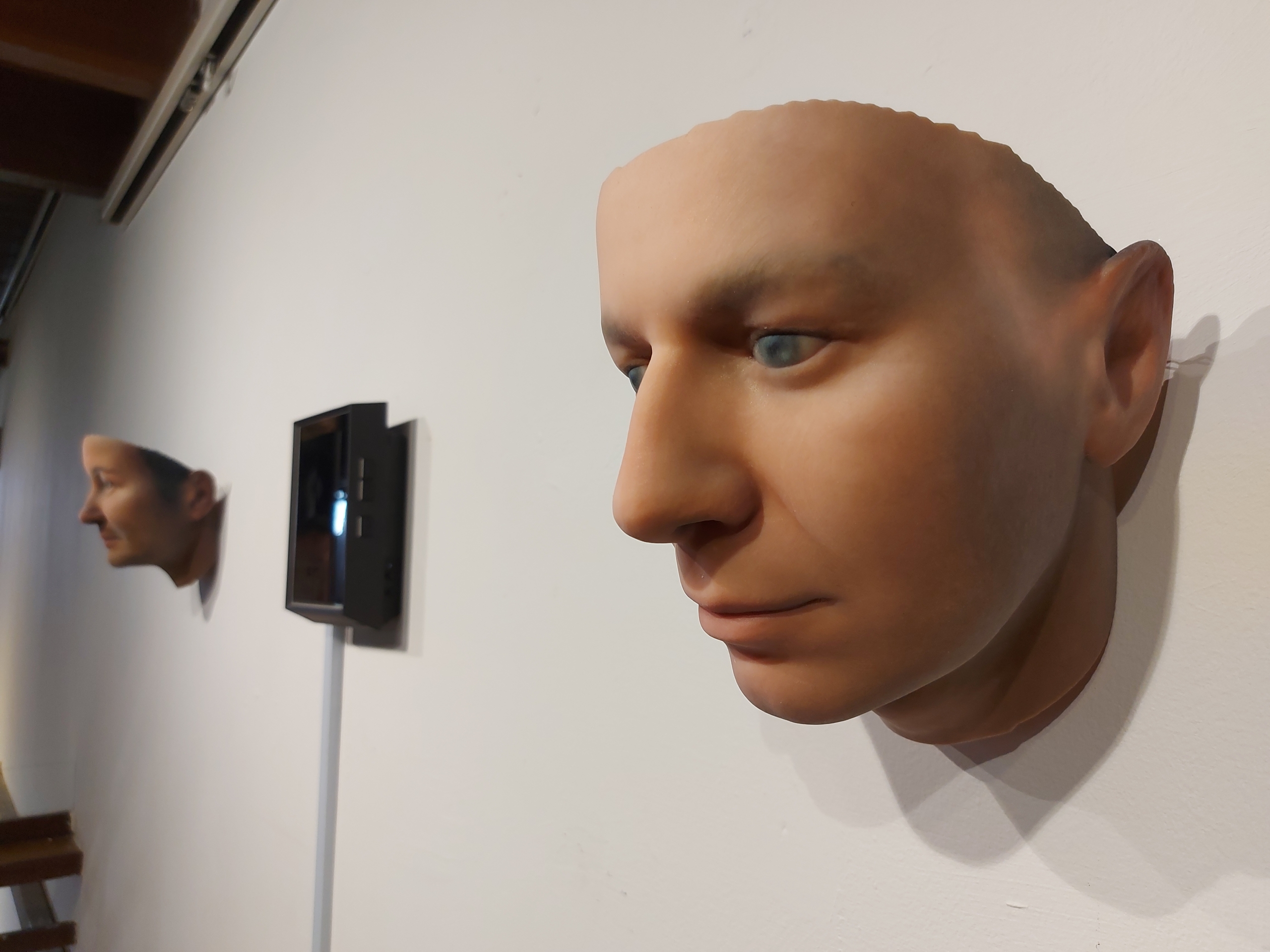 Installation view: Heather Dewey-Hagborg - Watson’s Ghost (2021) | Two 3D printed portraits, with holographic video presented on a Looking Glass Portrait; 8 x 8 x 6 inches