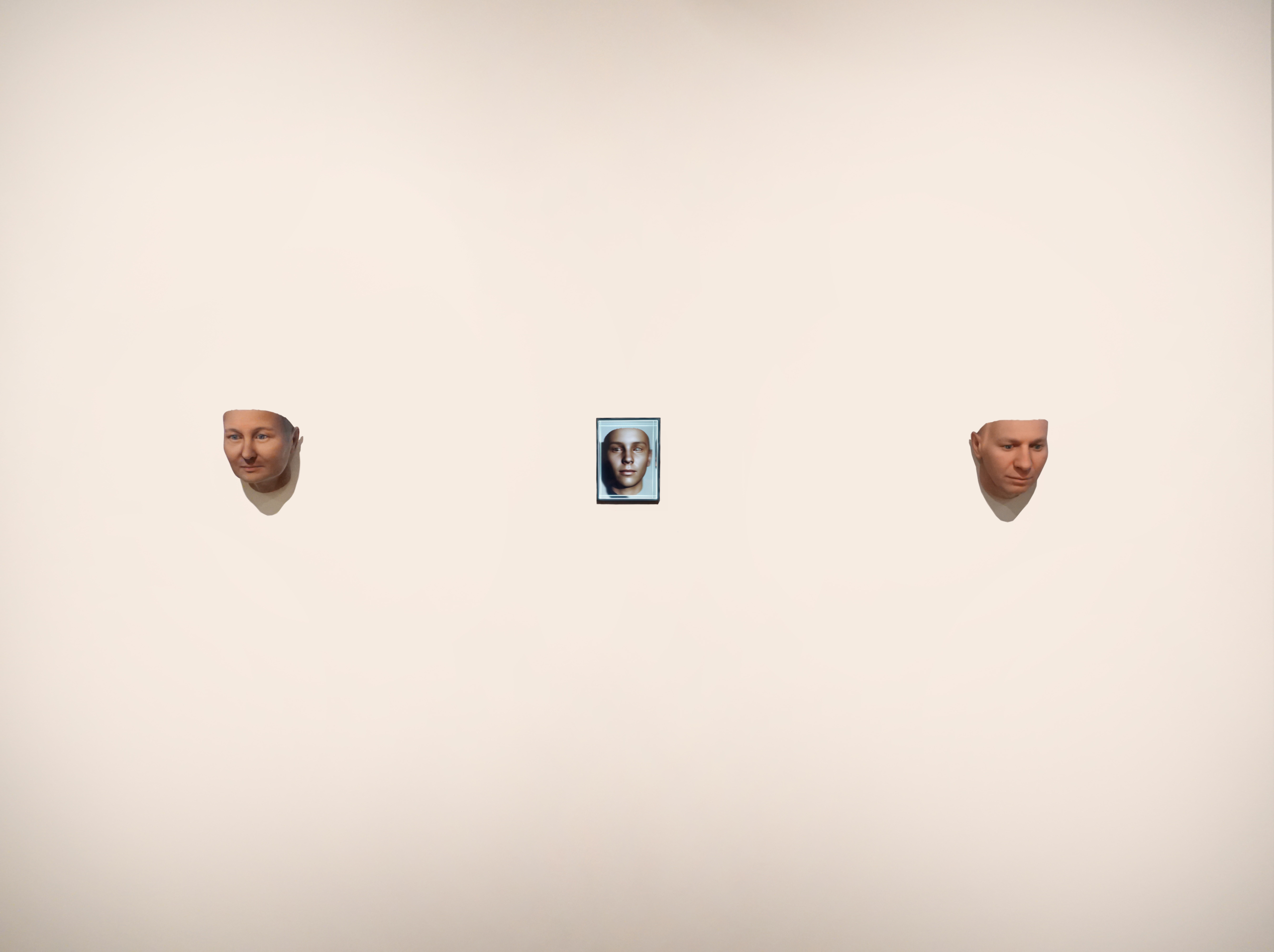 Installation view: Heather Dewey-Hagborg - Watson’s Ghost (2021) | Two 3D printed portraits, with holographic video presented on a Looking Glass Portrait; 8 x 8 x 6 inches