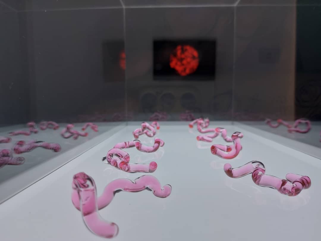 Installation view: Heather Dewey-Hagborg - Lovesick: the Transfection (2019) | Custom retrovirus, glass (10 vials), two single channel HD videos, music arranged by the artist; Dimensions variable